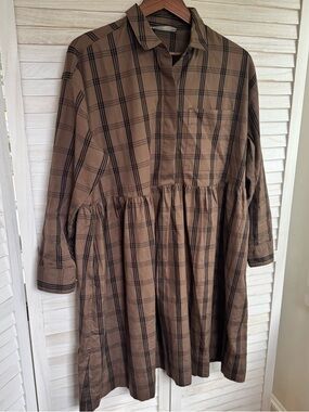 Everlane The Field Dress Sz S Babydoll Brown Black Plaid Long Sleeve Lagenlook